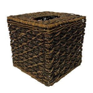 Woven Wicker Tissue Box Cover Holder Brown Square Vertical Bathroom Decor